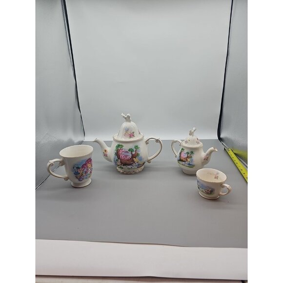 Disney Alice in Wonderland Cheshire Cat Ceramic 4 Piece Tea Set Cups Pot Vintage - Picture 1 of 16